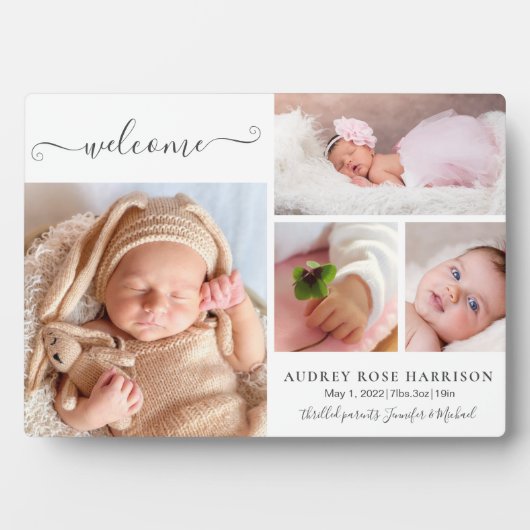 Welcome Baby Girl Foto Collage Geburtserklärung Fotoplatte (Vorderseite)