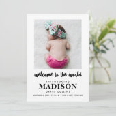 Welcome Baby Girl Foto Geburtserklärung Einladung (Stehend Vorderseite)