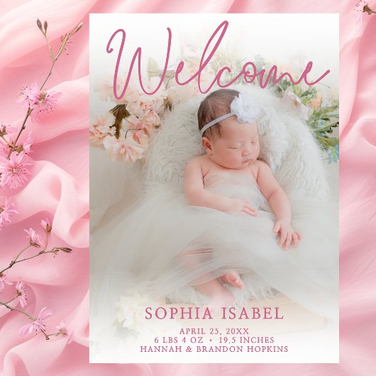 Welcome Baby Girl Foto Geburtserklärung Einladung