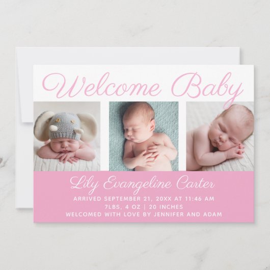Welcome Baby Girl Foto Hübsch Pink Script Geburt Ankündigung (Vorderseite)