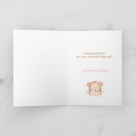 Welcome Baby Girl Individuelle Name Pink Bear Card Karte (Innenseite)