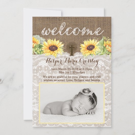 Welcome Baby Girl Karten mit Sonnenblumen und Burl (Vorderseite)