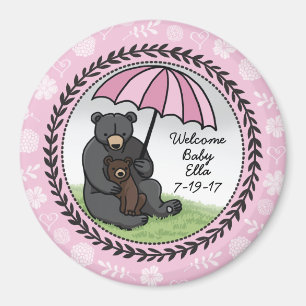 Welcome Baby Girl Mama Bear and Cube Personalisier Magnet