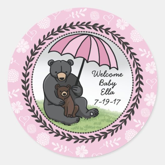 Welcome Baby Girl Mama Bear and Cube Personalisier Runder Aufkleber (Vorderseite)