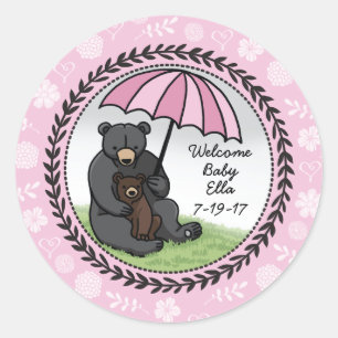 Welcome Baby Girl Mama Bear and Cube Personalisier Runder Aufkleber