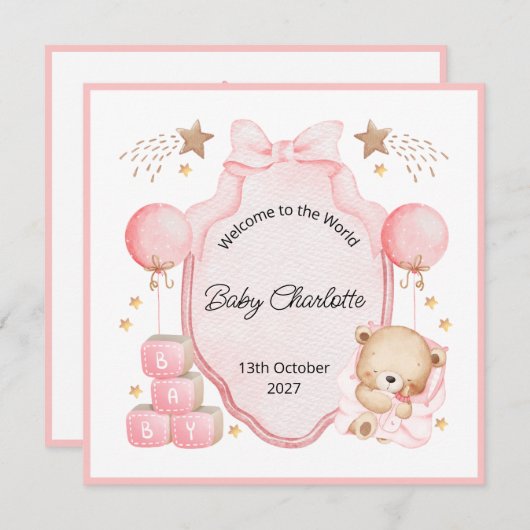 Welcome Baby Girl Pink Frame Teddy Bear Card (Vorne/Hinten)