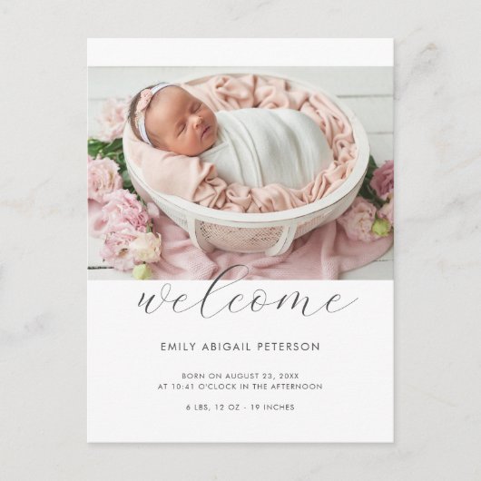 Welcome Baby Modern Chic Foto Geburtserklärung Postkarte (Vorderseite)