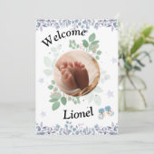 Welcome baby round photo boy dankeskarte (Stehend Vorderseite)