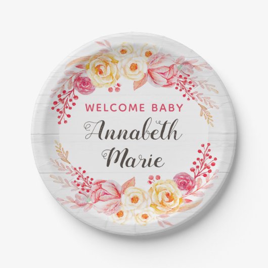 Welcome Baby Shabby Chic Rustic Floral Baby Dusche Pappteller (Vorderseite)
