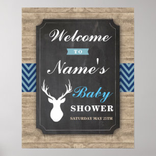 Welcome Baby Showposter Sign Boy Stag Wood Blue Poster