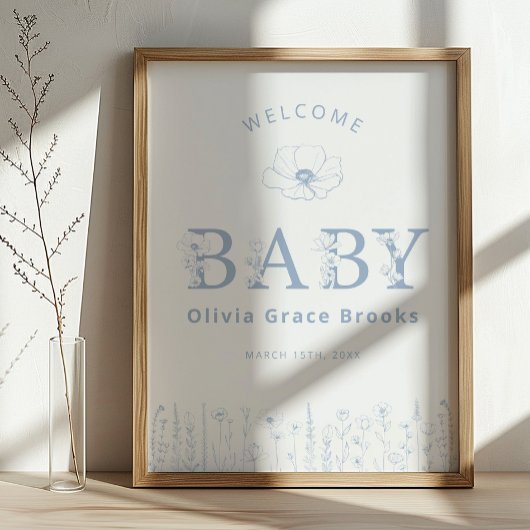 Welcome Baby Wildflower Baby Shower Dusty Blue Poster