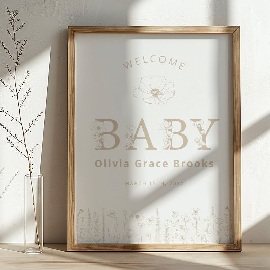 Welcome Baby Wildflower Baby Shower Neutral Taupe Poster
