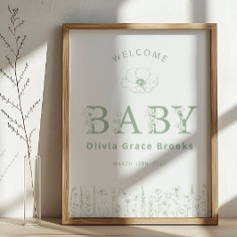 Welcome Baby Wildflower Baby Shower Sage Green Poster