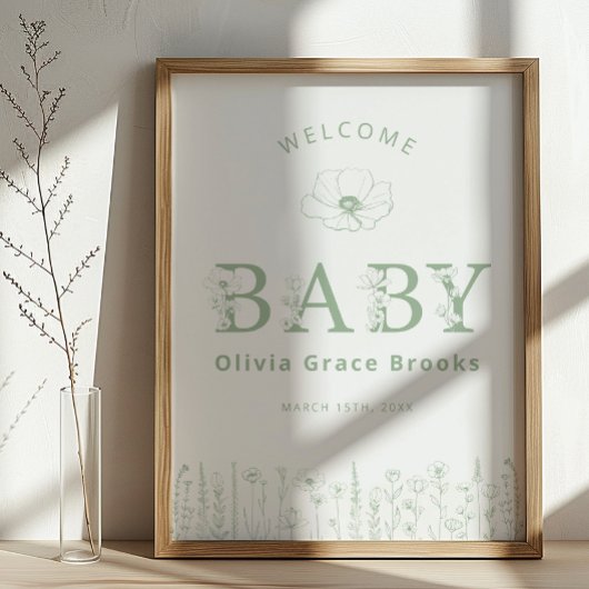Welcome Baby Wildflower Baby Shower Sage Green Poster