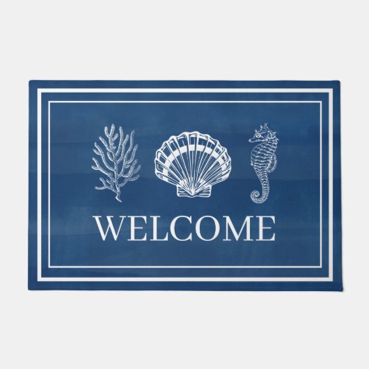 Welcome Beach House Coral Muschel Seepferd Fußmatte (Vorderseite)