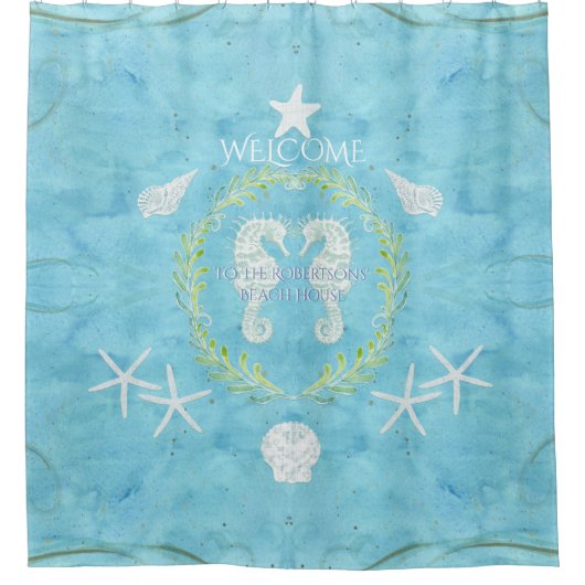 Welcome Beach House Seepferd Starfish Aquarell Duschvorhang (Vorderseite)