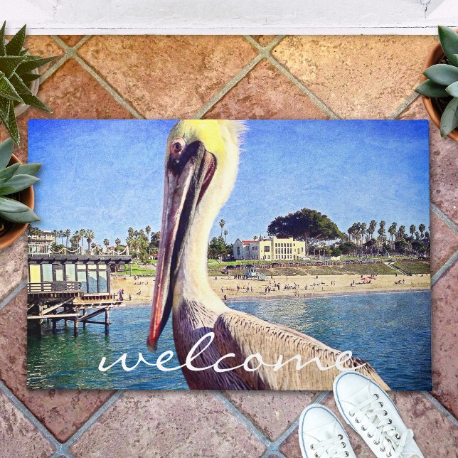 Welcome Beach Pier Pelican Bird Foto Script Fußmatte (Von Creator hochgeladen)