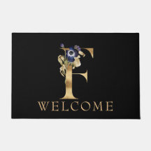 WELCOME Black and Gold Fall Monogram F Doormat