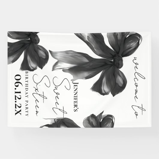 Welcome Black Bow Coquette Script Sweet 16 Party Banner (Horizontal)