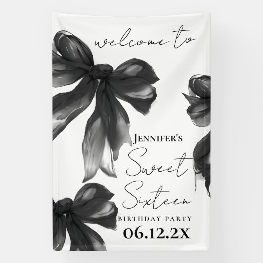 Welcome Black Bow Coquette Script Sweet 16 Party Banner (Vertikal)
