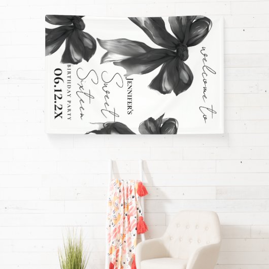 Welcome Black Bow Coquette Script Sweet 16 Party Banner (InSitu)