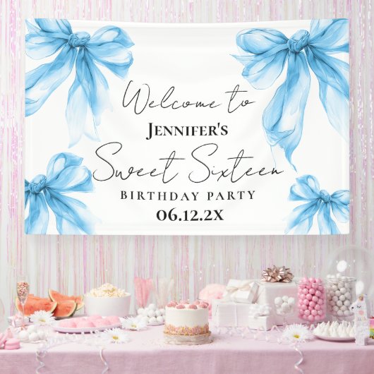Welcome Blue Bow Coquette Script Sweet 16 Banner (Party)