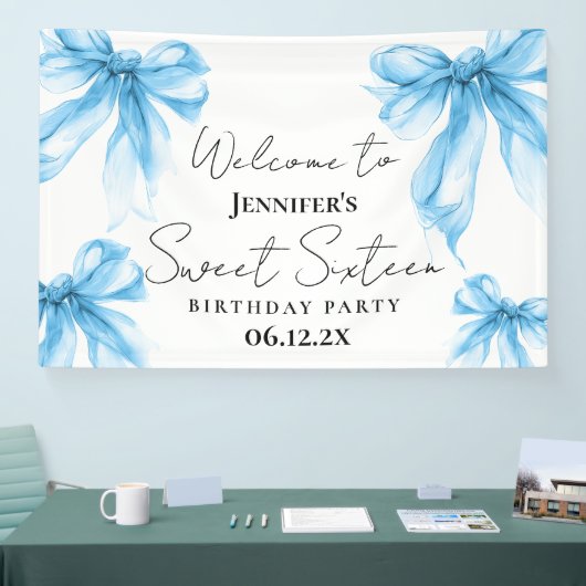 Welcome Blue Bow Coquette Script Sweet 16 Banner (Messe)