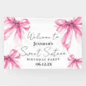 Welcome Blush Pink Bow Coquette Script Sweet 16 Banner (Horizontal)