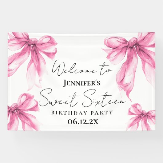 Welcome Blush Pink Bow Coquette Script Sweet 16 Banner (Horizontal)