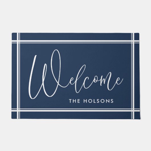 Welcome Calligraphy Script Nachname Navy Fußmatte (Vorderseite)