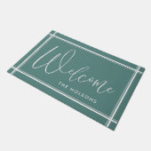 Welcome Calligraphy Script Nachname Türkis Fußmatte (Schrägansicht)