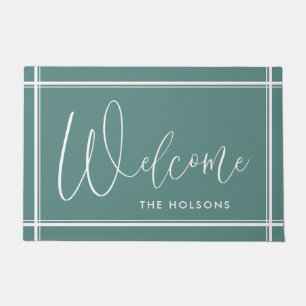 Welcome Calligraphy Script Nachname Türkis Fußmatte