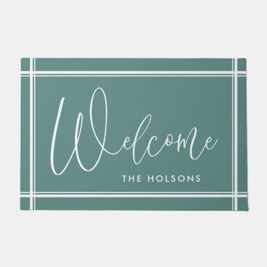 Welcome Calligraphy Script Nachname Türkis Fußmatte (Vorderseite)