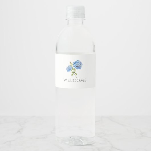 Welcome | Chic Blue Hydrangea Wedding Wasserflaschenetikett (Vorderseite)