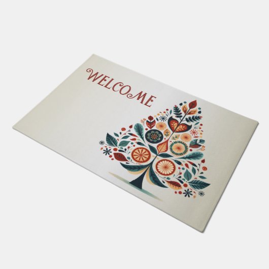 Welcome Christmas Colorful Tree Scandinavia Folk Fußmatte (Schrägansicht)