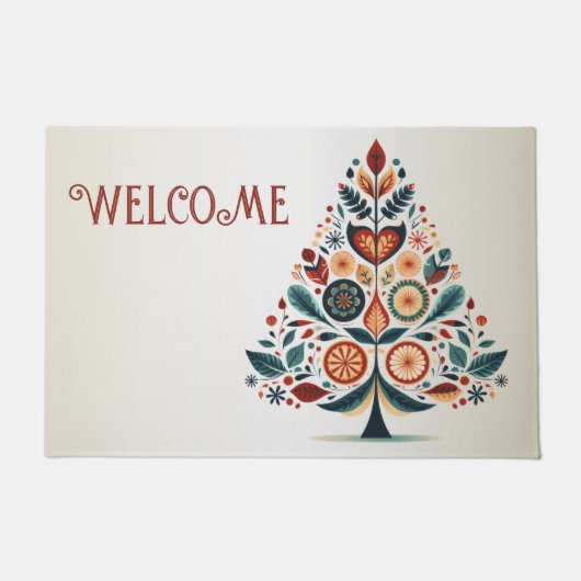 Welcome Christmas Colorful Tree Scandinavia Folk Fußmatte (Vorderseite)
