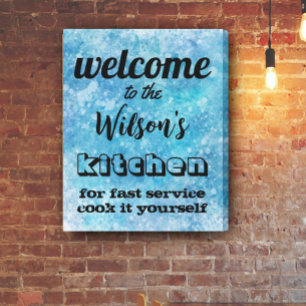 welcome custom kitchen quote humor wall art blue leinwanddruck