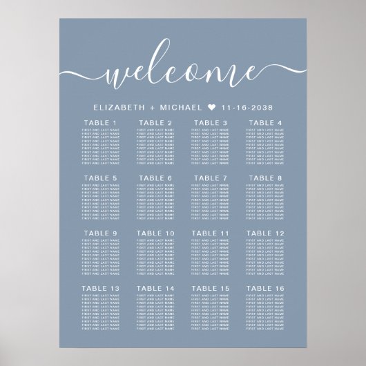 Welcome Dusty Blue 16 Table Wedding Seating Chart Poster (Vorne)