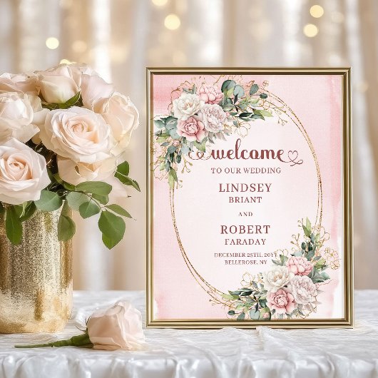 Welcome Dusty Pink Eucalyptus Wedding Sign Art Poster