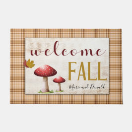 Welcome Fall Mushrooms Orange Kariert Add Name Fußmatte