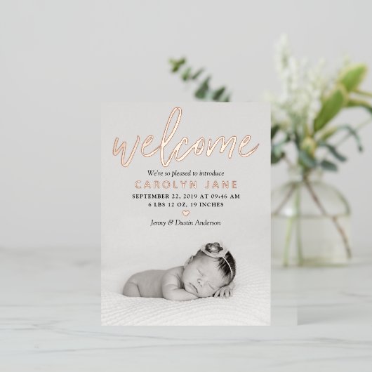 "Welcome" Foto Real Foil Birth Ankündigung (Stehend vorne)