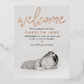 "Welcome" Foto Real Foil Birth Ankündigung (Vorderseite)