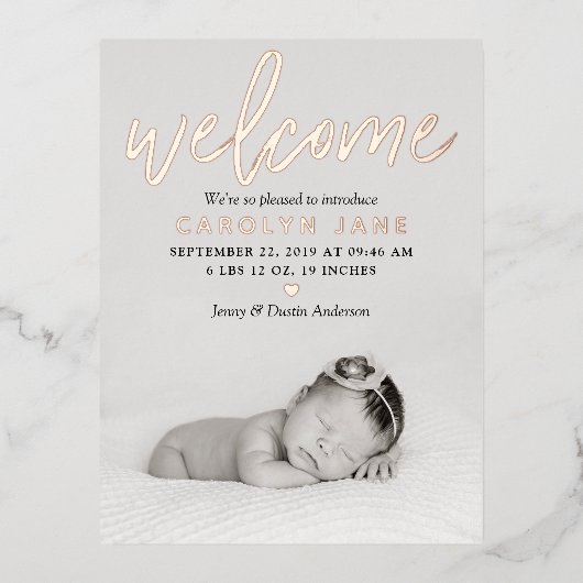 "Welcome" Foto Real Foil Birth Ankündigung (Vorderseite)