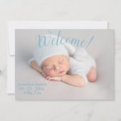 Welcome Foto Stats Script Baby Boy Blue Birth Ankündigung (Vorderseite)