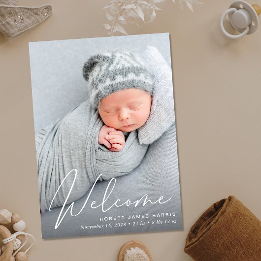 Welcome Foto White Script Birth Ankündigung