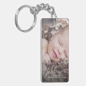 Welcome Foto White Script Geburtserklärung Schlüsselanhänger (Vorderseite links)