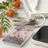 Welcome Foto White Script Geburtserklärung Schlüsselanhänger (Vorderseite rechts)