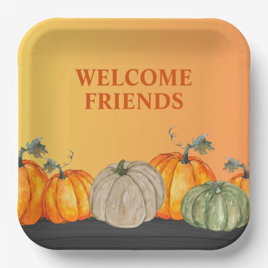 Welcome Friends Pumpkins Herbstfarben Pappteller (Vorderseite)