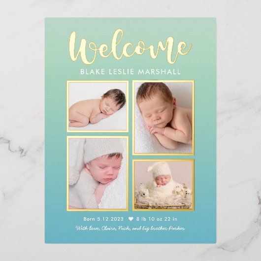 Welcome Gallery Foil Birth Ankündigung Postkarte (Vorderseite)