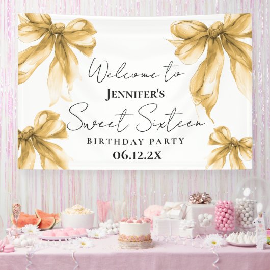Welcome Gold Bow Coquette Script Sweet 16 Banner (Party)